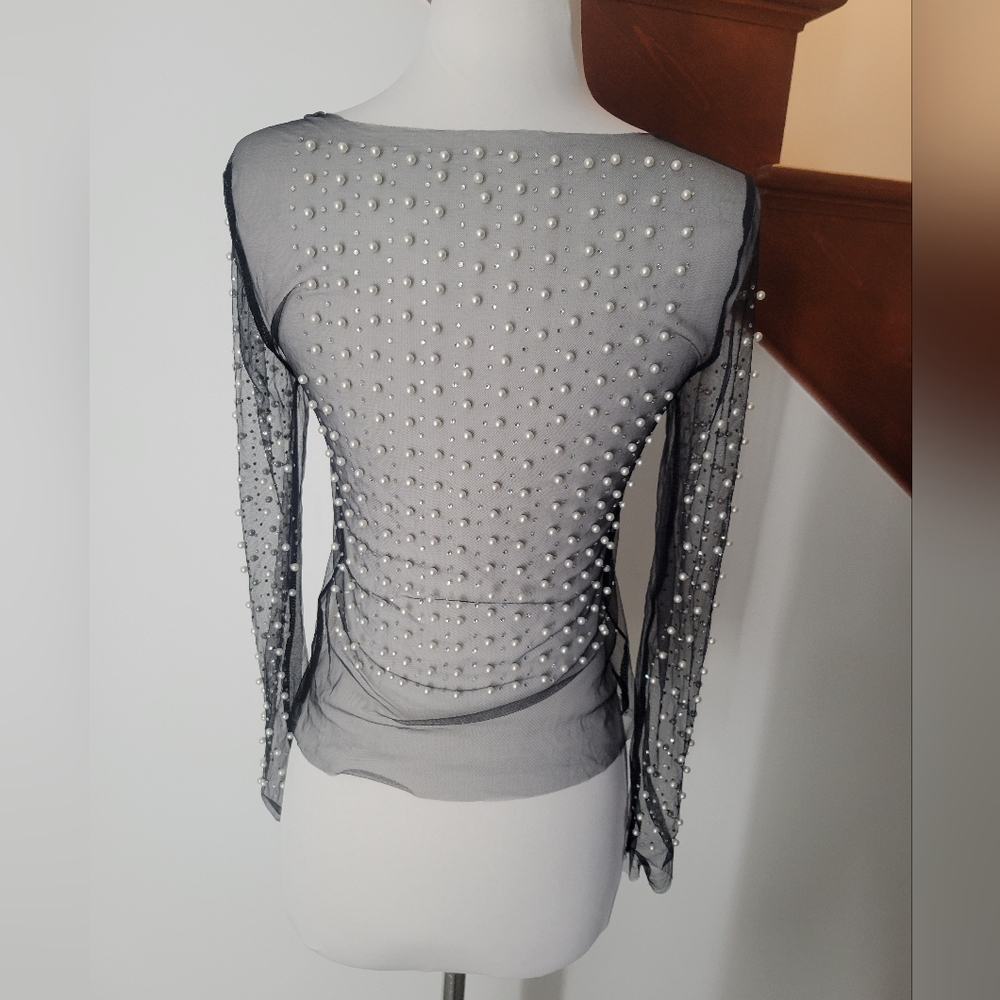 Mesh Sheer Black with Pearl Embelished Long Sleeve Blouse Top Size S - Picture 3 of 3